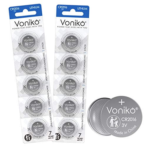 Voniko 3 Volt 2016 Battery 10 Pack – Button Cell 2016 Batteries – Lithium CR2016 3 Volt Coin Battery – 7 Years Shelf Life