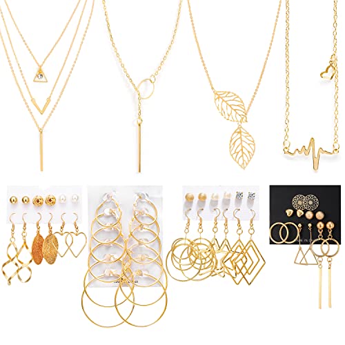 Necklace and Earring Jewelry Set, with 24 Pairs Layered Ball Dangle Hoop Stud Earrings and 4 PCS Necklaces of Different Lengths for Women Jewelry Fashion and Valentine Birthday Party Gift,28 Pairs