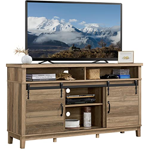 Yaheetech Farmhouse TV Stand Entertainment Center for 65 Inch TV, Tall Barn Door TV Stand for Living Room, Rustic Oak