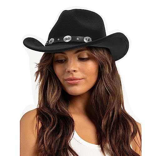 Women & Men Felt Western Cowboy Hat Classic Roll Up Brim Belt Buckle Cowgirl Fedora