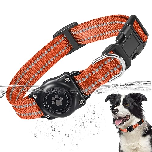 Airtag Dog Collar, 100% Waterproof Integrated Apple Air Tag Dog Collars, Reflective GPS Dog Collar with Hard PC AirTag Holder Case for Small Medium Large Dog (Orange)