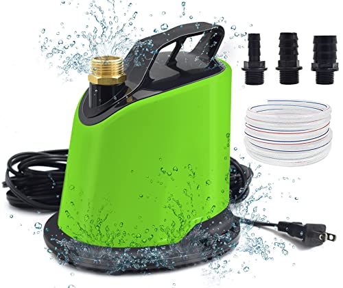 AgiiMan Pool Cover Pump, 1100 GPH Submersible Water Sump Pump for Pool Draining with Adjustable Filter, 16' Drainage Hose and 25' Power Cord, 4 Adapters, Green