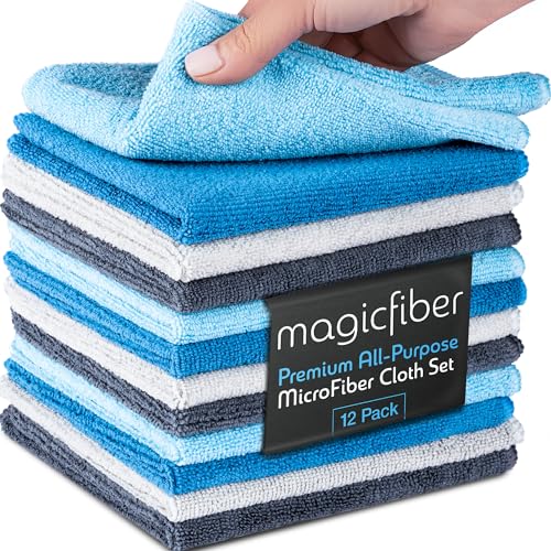 MagicFiber Microfiber Cleaning Cloth (12 Pack, 13x13 in) - Thick Cleaning Towels, Rags & Dusting Cloths for House, Kitchen, Windows, Cars & More - Micro Fiber Reusable Cloths