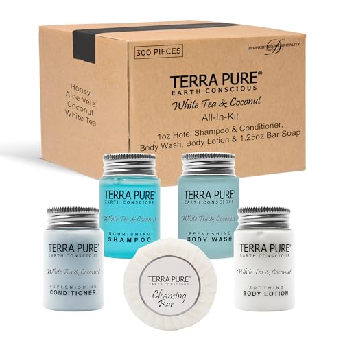 Terra Pure White Tea and Coconut Hotel Soaps and Toiletries Bulk Set | 1-Shoppe All-In-Kit | 1oz Shampoo & Conditioner, Body Wash, Lotion & 1.25oz Bar Soap | Travel Size Toiletries 300 Pieces