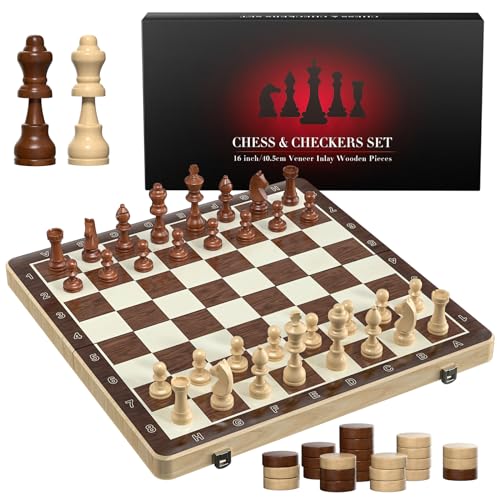 Magnetic Chess Set with Checkers - Meuzhen 16' Wooden Chess Board Game Travel Chess for Adults & Kids, Gift for Men Women, Chess Gift Toys for Boys Girls 4-8-12