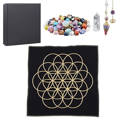 SUNYIK Healing Stone Crystal Kit with Black Energy Mat, 7 Chakra Crystal Set for Beginners Divination and Mediation Altar Home Decor, Colorful & Purple