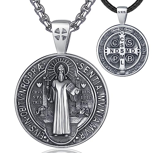 EUDORA S925 Sterling Silver St Benedict Medal San Benito Necklace for Women Men, Vintage Saint Benedict Amulet Pendant Christian Catholic Jewelry Gifts for Women Mens Brother Father, 24inch+20inch