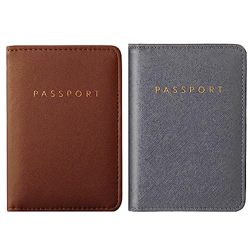 Frienda 2 Pieces Bridal Passport Covers Holder Waterproof Leather Passport Holder Covers Travel Wallet Passport Case for Women and Men(Brown and Gray)