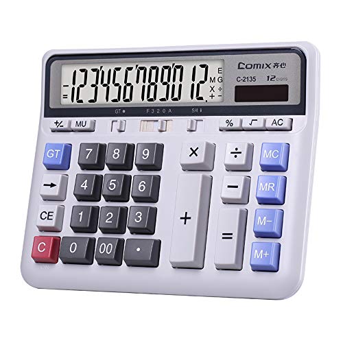 Comix Desktop Calculator Solar Battery Dual Power with 12-Digit Large LCD Display and Large Computer Keys Standard Function Calculator for Home Office School, White