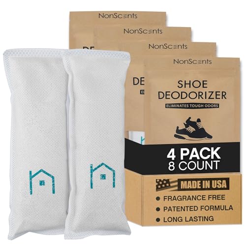 NonScents Shoe Deodorizer 4-Pack (8 Count) - Odor Eliminator, Air Freshener, Smell Absorber, Scent Remover for Shoes, Gym Bags, Soccer Cleats, Closets, Pet Area, Reusable - Shoe Deodorant