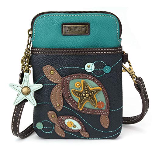 CHALA Cell Phone Crossbody Purse-Women PU Leather/Canvas Multicolor Handbag with Adjustable Strap - Two Turtles - navy