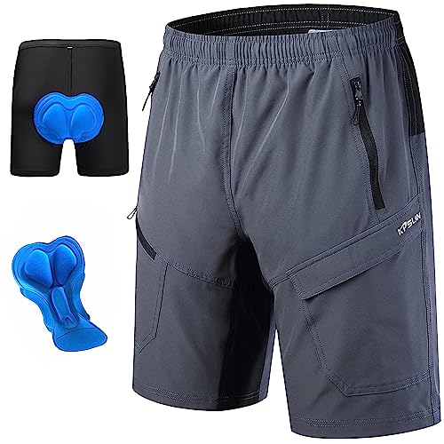 Mens Mountain Bike Shorts 3D Padded Baggy Bicycle Riding Cycling Shorts Quick Dry Lightweight Biking Shorts(Grey L)