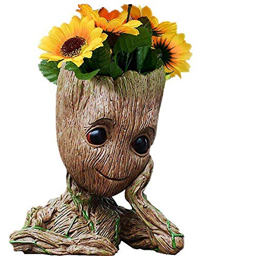ZUSONUD Baby Groot Pen Pot Tree Man Pens Holder or Flower Pot with Drainage Hole Perfect for a Tiny Succulents Plants 6' (Grayish Brown)