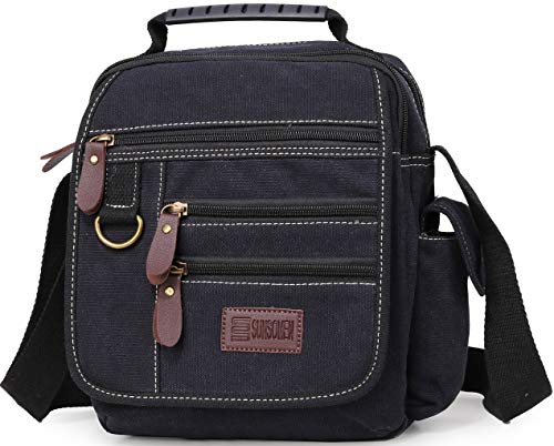 Sunsomen Mens bag Canvas Shoulder Bag Small Messenger Crossbody Bag Work Bag Vintage Multi-function (Black)