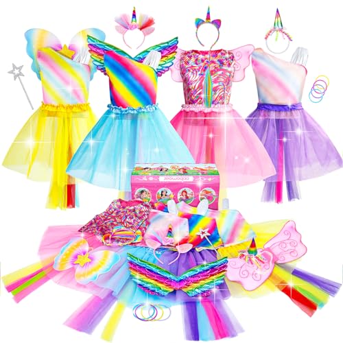 Jeowoqao Girls Princess Dress up Trunk Set 19 Pcs, Girls Rainbow Costume Set, Toddler Girls Dress up Clothes Pretend Play Costumes Set for Little Girl Ages 3-6