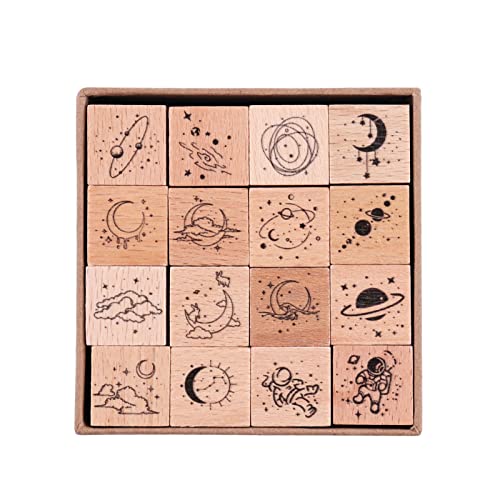 RisyPisy 16 Pieces Vintage Wooden Rubber Stamps, Universe & Galaxy Scrapbooking Decorative Rubber Stamp Set, Wood Mounted Rubber Stamps for Arts and Crafts, Journals, Card Making