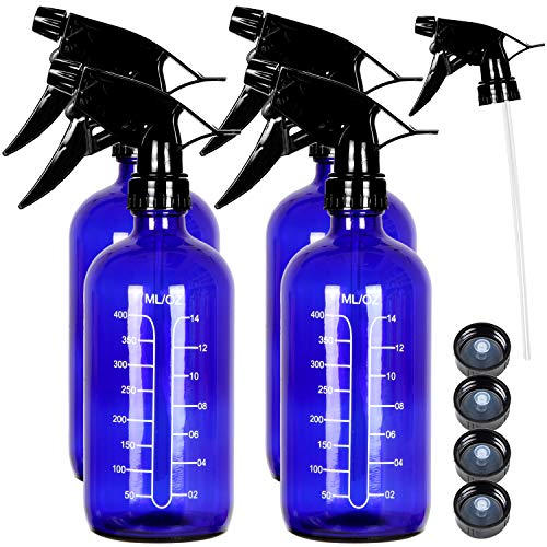 Youngever 4 Pack 16 Ounce Empty Glass Spray Bottles with Measurements, Spray Bottles for Hair and Cleaning Solutions (Blue)