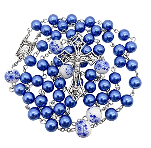Nazareth Store Blue Pearl Beads Rosary White Flowers Beaded Necklace Lourdes Medal & Cross Crucifix