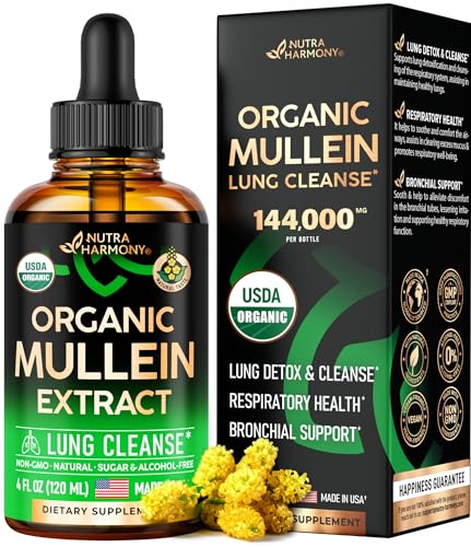 USDA Organic Mullein Drops for Lungs - Mullein Leaf Extract with Licorice Root Supplement - Made in USA - Lung Detox & Bronchial Cleanse for Smokers - Respiratory Health Support - 4 oz, 2 Month Supply