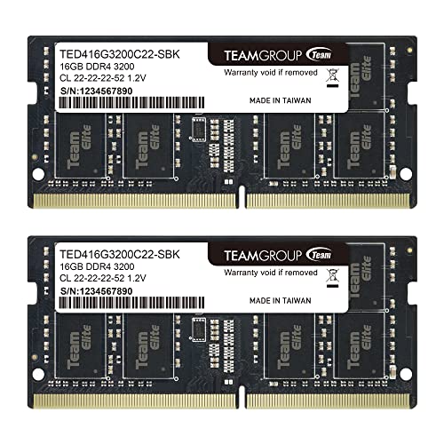 TEAMGROUP Elite DDR4 32GB Kit (2 x 16GB) 3200MHz (2933MHz or 2666MHz) PC4-25600 CL22 Unbuffered Non-ECC 1.2V SODIMM 260-Pin Laptop Notebook PC Computer Memory Module Ram Upgrade - TED432G3200C22DC-S01