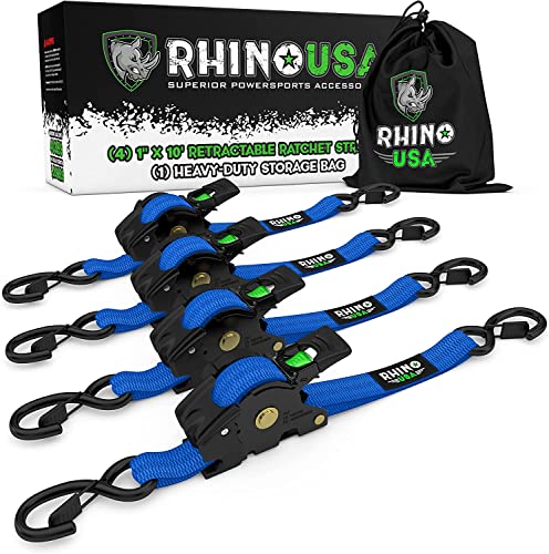 Rhino USA Retractable Ratchet Tie Down Straps (4PK) - 1,209lb Max Break Strength, includes (4) Ultimate 1' x 10' Autoretract Tie Downs with Padded Handles. Use for Boat, Securing Cargo