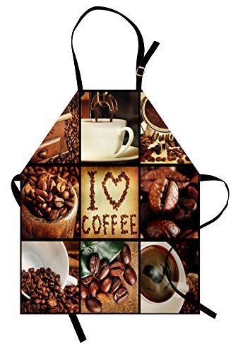 Lunarable Brown Apron, I Love Coffee Theme Collage Roasted Beans Brewing Machines and Cups Aromatic Drink, Unisex Kitchen Bib with Adjustable Neck for Cooking Gardening, Adult Size, Brown White