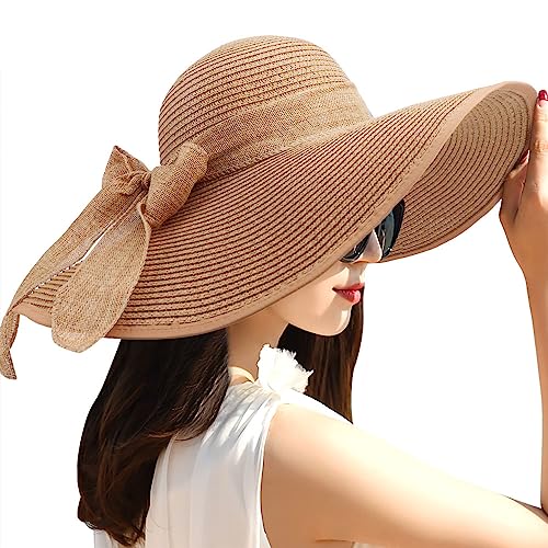 DRESHOW Women Wide Brim Bow Straw Hat Floppy Foldable Beach Sun Hat Roll up Cap UPF 50+