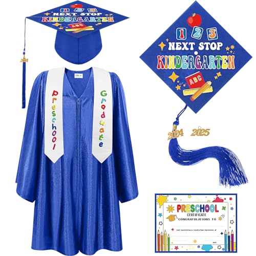 Bokon 4 Pcs Kindergarten Preschool Graduation Cap and Gown with 2024 Tassel Graduation Stole and Certificate for Toddler Kids(Royal Blue, 30)