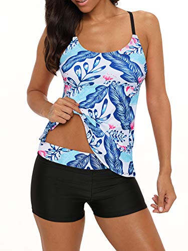 Century Star Tankini Swimsuits for Women Retro Bathing Suits Two Pieces Modest Swimming Wear Sports Tank Tops with Boyshorts Blue Leaves 14-16