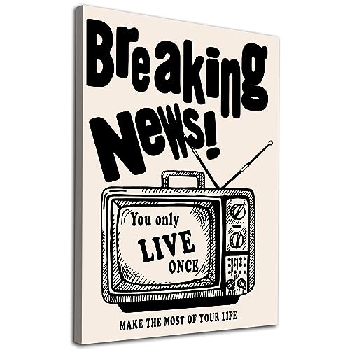 Breaking News Wall Art Vintage TV Poster Funky Art Prints Trendy Wall Art Retro Black And White Pictures For Bedroom Vintage Funky Prints Retro Trendy Poster Aesthetic Retro Painting 16x24in Frameless