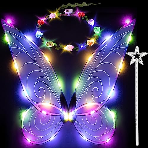 quescu Fairy Wings for Adults,LED Butterfly Wings for Girls Women,Halloween Costume Dress Up (White/Color Light)
