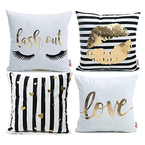 Monkeysell Pack of 4 Black and Gold Throw Pillow Cover Bronzing Flannelette Home Pillowcases Throw Pillow Cover Love Black Gold Lips Pattern Design Rock Punk Neoclassical Style 18 inches (White)