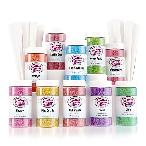 Cotton Candy Express Floss Sugar and Cones Variety Pack with 10 - 11oz Plastic Jars of Assorted Flossing Sugars, Plus 100 Paper Cones. Use With Cotton Candy Express Countertop Machine
