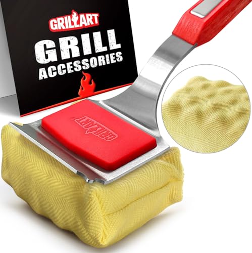 GRILLART Grill Brush Bristle Free. SteamWizards BBQ Replaceable Cleaning Head, Unique Seamless-Fit Scraper Tool for Cast Iron/Stainless-Steel Grates, Safe Barbecue Grill Cleaner-Red