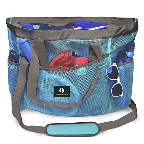 Red Suricata Mesh Beach Bag with Zipper - Extra Large Beach Tote Bag – Pool Swim Bags for Men & Women – Beach Toy Bag for Swimming Gear