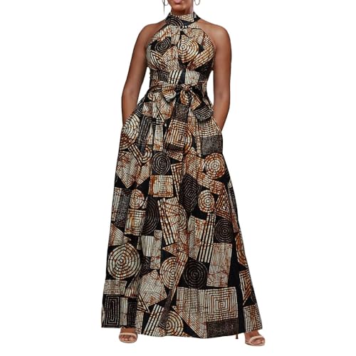 VERWIN Floor Length Lace-Up High Waist Stand Collar Sleeveless Women's Maxi Dress Print Dress Brown M