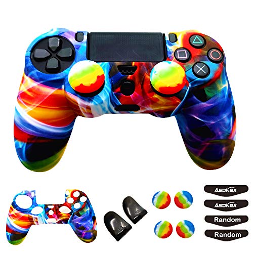 Silicone Skin Cover for Ps4 Controller (1pc Anti-Slip Case, 1 Pair L2 R2 Trigger Extender, 4pcs Thumb Grips,4pcs LED Light Bar Decal) Protector for DualShock PS4/ Slim/Pro Controller (Multicolor)