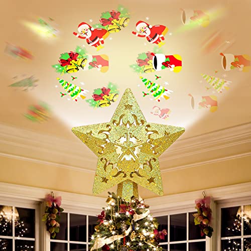 Christmas Tree Topper Star LED Projector with Rotating Colorful Christmas Elements Pattern, 3D Hollow Sparkling Xmas Tree Toppers, Plug in Star Topper for Home Holiday Christmas New Year Tree Decor