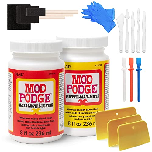 Mod Podge Bundle, 8 Ounce Gloss and Matte Medium Waterproof Sealer, Pixiss Accessory Kit with Foam Brushes, Gloves, Glue Spreaders and More 8oz