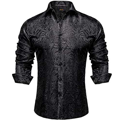 DiBanGu Mens Dress Shirt Black Paisley Silk Button Down Shirts Long Sleeve for Men Unique Formal/Casual Style