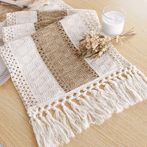 FEXIA Boho Table Runner for Summer Home Decor 72 Inches Long Farmhouse Rustic Table Runner Cream & Brown Macrame Table Decoration with Tassels for Spring Living Room Bridal Shower (12x72 Inches)