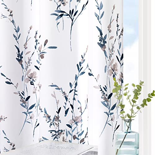 MYSKY HOME Living Room Curtains 84 inches Long Floral Curtains Light Filtering Thermal Insulated Soft for Dining Room Farmhouse Leaf Grommet Curtains Home Decoration, Set of 2 Panels, Navy Blue