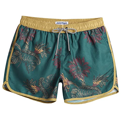 maamgic Mens Short 80s 90s Vintage Swim Trunks with Mesh Lining Quick Dry Bathing Suit Board Shorts Floral Dark Green Medium