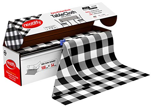 Neatiffy Disposable Plastic Table Cloth Roll | 54 in x 108 Ft Waterproof Tablecloth | Table Cover for Rectangle, Square, Round Oval Tables | Picnic, Party, Banquet, Birthdays - Black Checkered