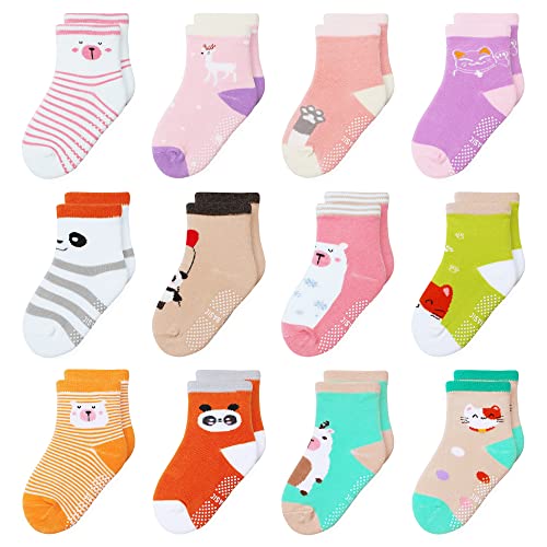 HYzgb Toddler Girls Socks 3T-4T-5T Little Kids Socks with Grippers 12 Pairs Cotton Non Slip Grip Crew Socks, Toddlers Girl 3-4-5 Years Old Gift (Multi-Colors)