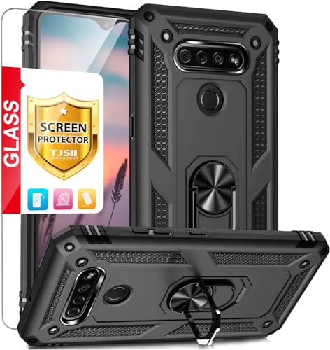 TJS Compatible with LG K51 Case, LG Q51 Case, LG Reflect Case, with [Tempered Glass Screen Protector][Metal Ring][Magnetic Support] Kickstand Heavy Duty Drop Protector Phone Case (Black)