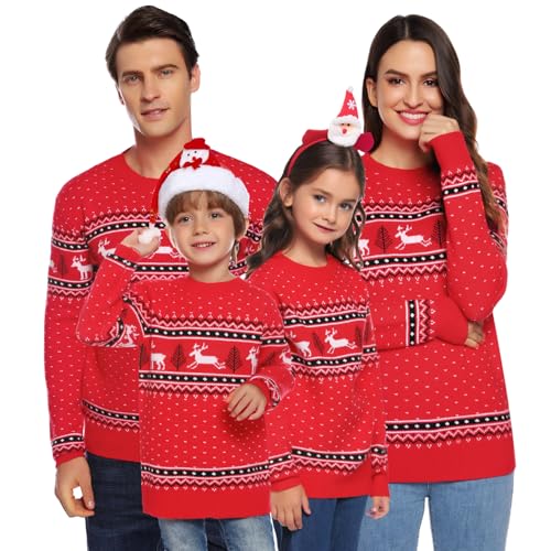 Matching Family Christmas Reindeer Snowflakes Sweater Round Neck Xmas Pullover for Women/Men/Boys/Girls