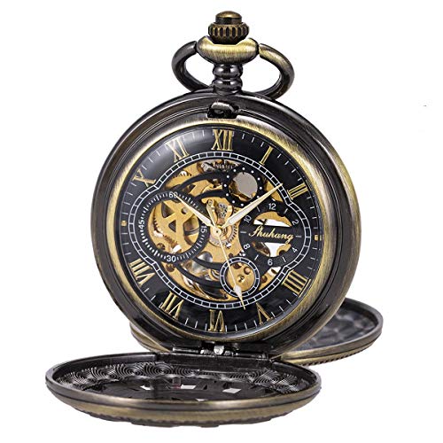 SIBOSUN Pocket Watch Skeleton Mechanical Double Case Hand-Wind Bronze Roman Numerals Antique Chain Mens