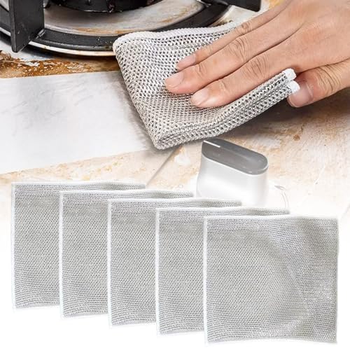 Pousbo 2024 New Multipurpose Wire Dishwashing Rags, Premium Metal Wire Dishwashing Cloth Scrubs Cleans, Scrubbing Wire Dishwashing Rags Non-Scratch Wire Dishcloth for Dishes, Sinks (5)