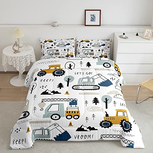 Feelyou Cartoon Car Kids Comforter Set Construction Bedding Set Decor Equipment Trucks Comforter Cartoon Car Excavator Tractor White Yellow Duvet Set Bedroom Quilt Set 2Pcs Twin